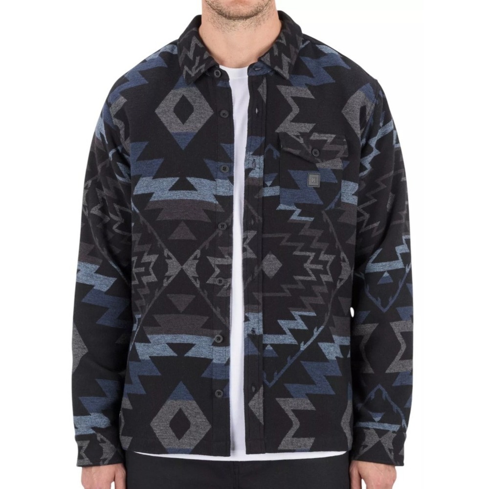 Hurley Men Santa Cruz Jacquard Flannel Shirt Jacket Shacket Black NEW SZ L $79